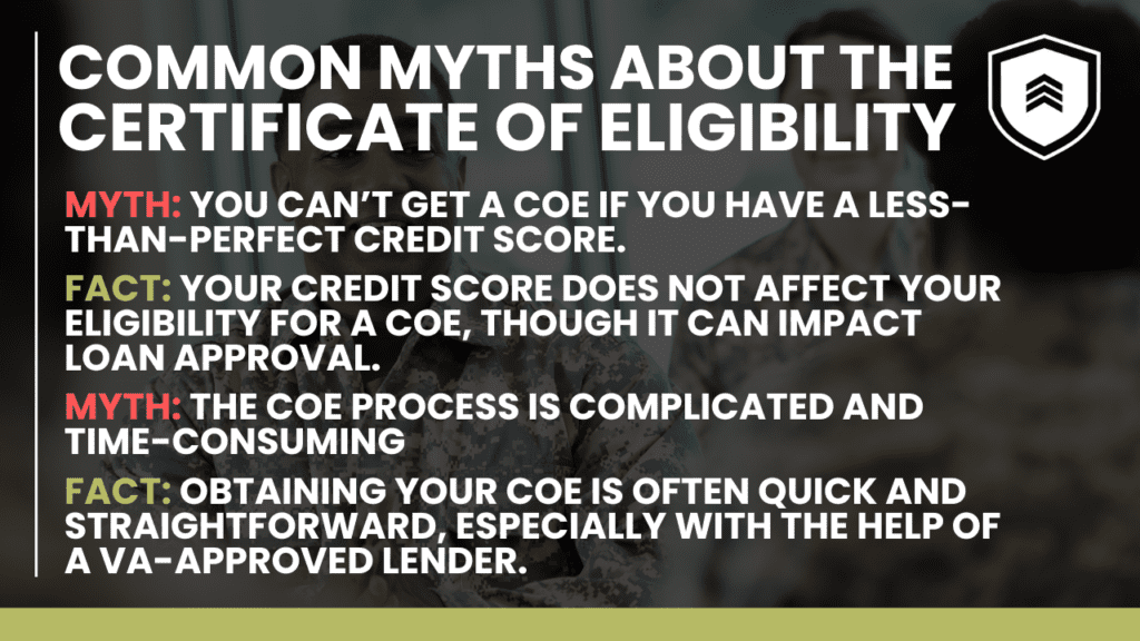 Common Myths About the Certificate of Eligibility (COE) for VA Loans - Debunked. Myth: You can’t get a COE with a less-than-perfect credit score. Fact: Your credit score does not affect COE eligibility but can impact loan approval. Myth: The COE process is complicated and time-consuming. Fact: Obtaining your COE is quick and straightforward, especially with a VA-approved lender. Image shows military personnel in background.