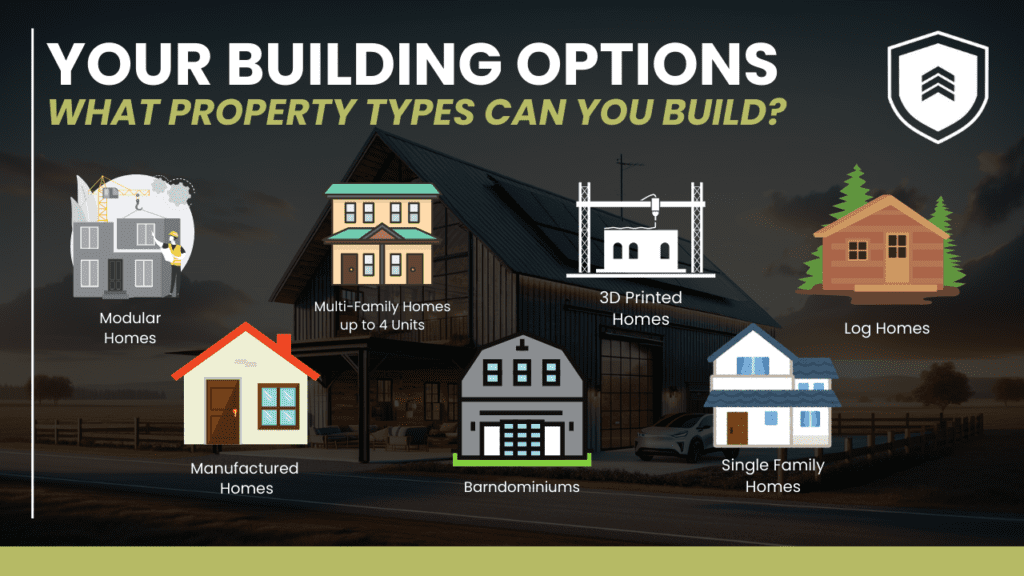 Infographic showcasing various building options available for a VA Construction Loan, including modular homes, multi-family homes up to 4 units, 3D printed homes, log homes, manufactured homes, barndominiums, and single-family homes, with descriptive icons and a protective shield logo in the upper right corner, emphasizing diverse residential architecture.