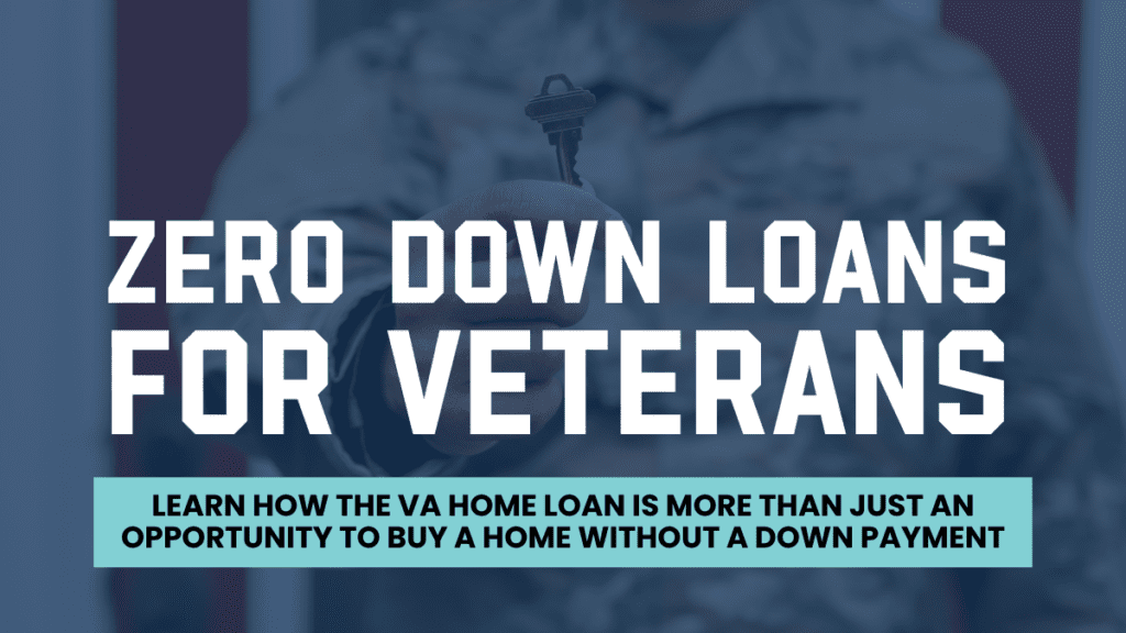 Graphic promoting zero down loans for Veterans, with the text 'Zero Down Loans for Veterans' and a subtext 'Learn how the VA Home Loan is more than just an opportunity to buy a home without a down payment' over an image of a person in military uniform holding a key.